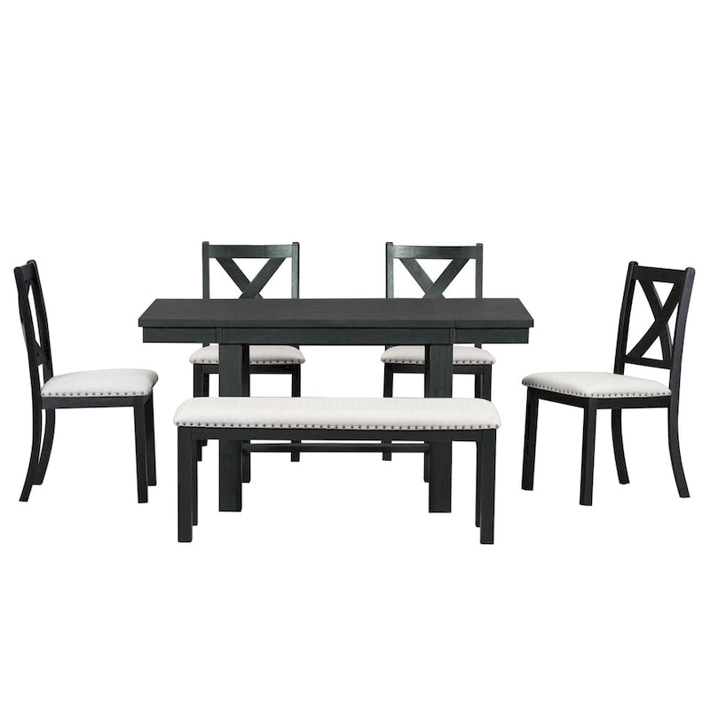Ensemble de salle à manger noir 6 pièces en bois avec table extensible, 4 chaises et un banc