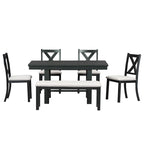 Ensemble de salle à manger noir 6 pièces en bois avec table extensible, 4 chaises et un banc