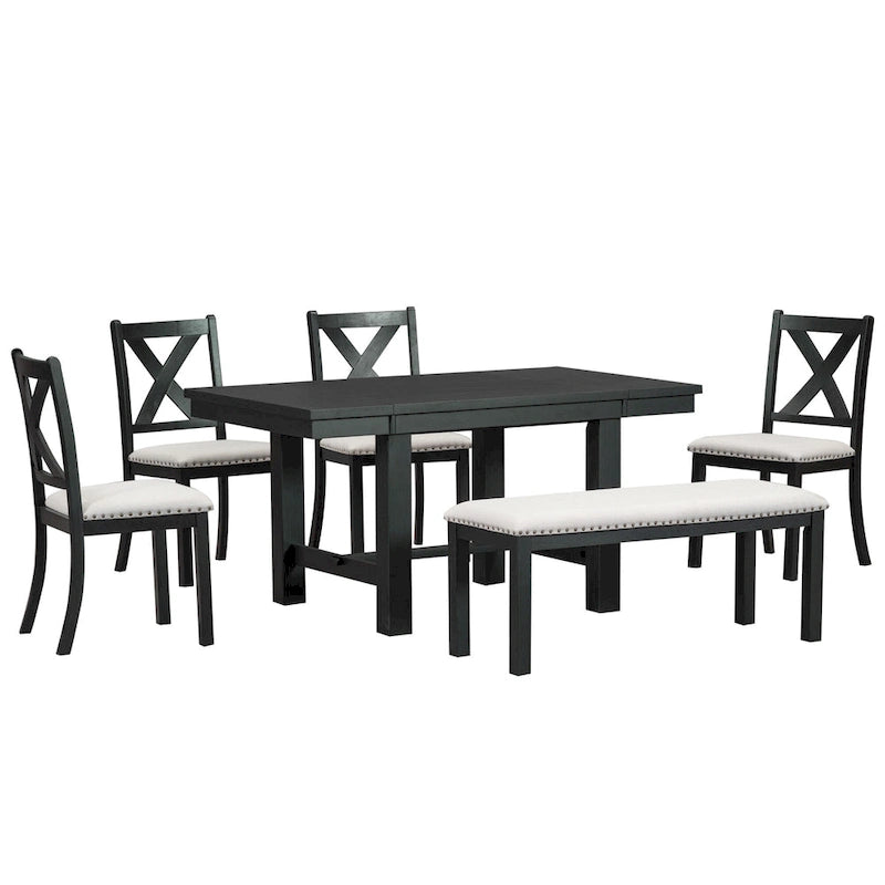 Ensemble de salle à manger noir 6 pièces en bois avec table extensible, 4 chaises et un banc