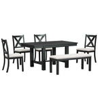 Ensemble de salle à manger noir 6 pièces en bois avec table extensible, 4 chaises et un banc