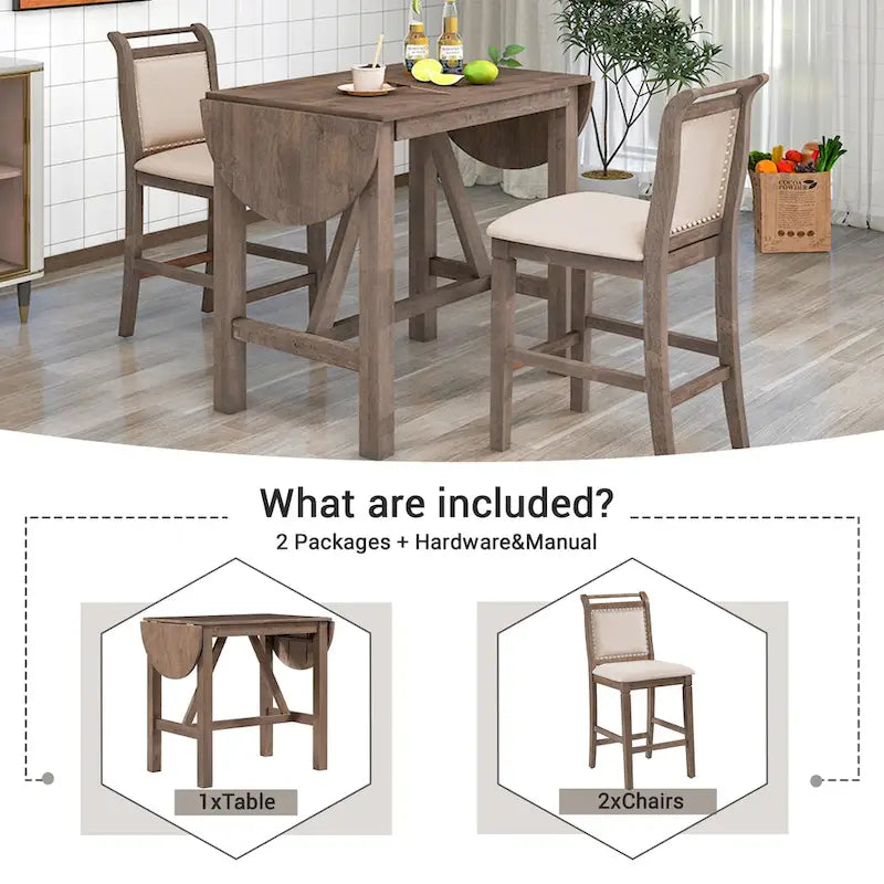 Ensemble de salle à manger rustique 3 pièces en bois avec table à abattant et 2 chaises de salle à manger rembourrées