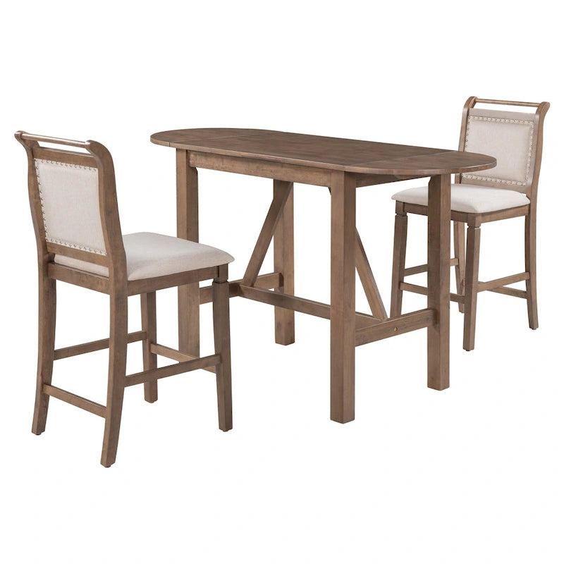 Ensemble de salle à manger rustique 3 pièces en bois avec table à abattant et 2 chaises de salle à manger rembourrées