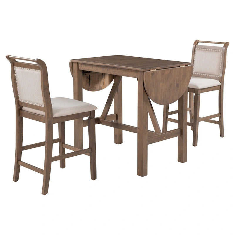 Ensemble de salle à manger rustique 3 pièces en bois avec table à abattant et 2 chaises de salle à manger rembourrées