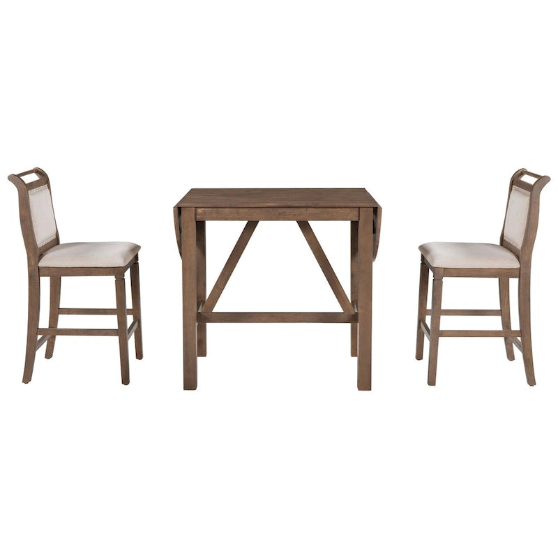 Ensemble de salle à manger rustique 3 pièces en bois avec table à abattant et 2 chaises de salle à manger rembourrées