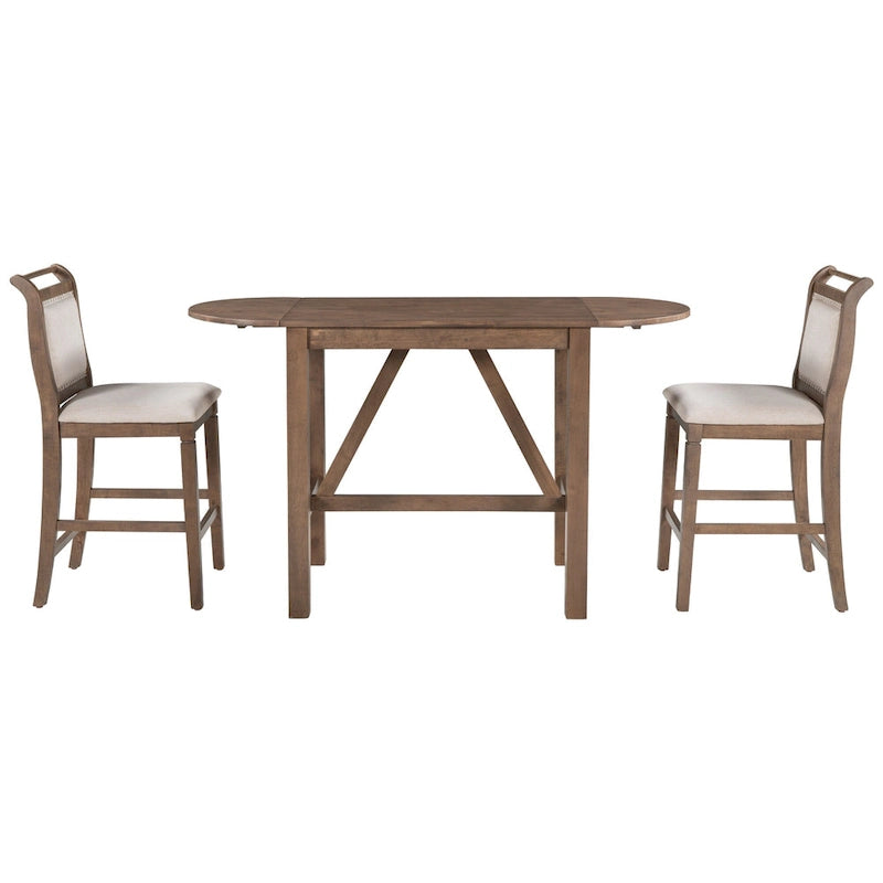 Ensemble de salle à manger rustique 3 pièces en bois avec table à abattant et 2 chaises de salle à manger rembourrées