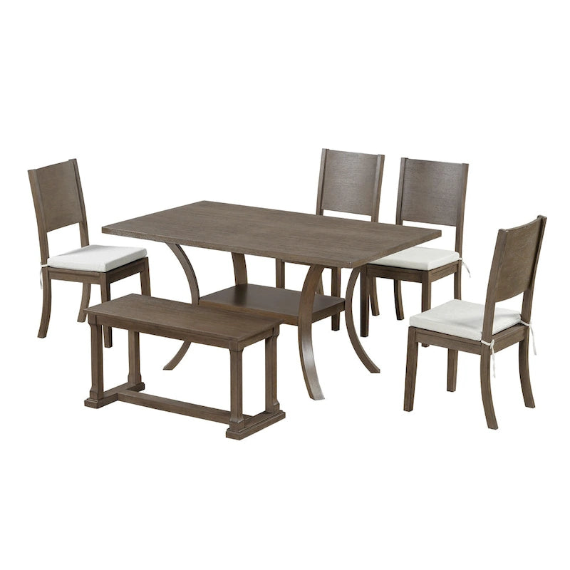 Ensemble de salle à manger moderne 6 pièces avec 4 chaises de salle à manger à coussins amovibles, étagère de rangement et banc
