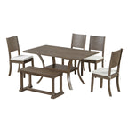 Ensemble de salle à manger moderne 6 pièces avec 4 chaises de salle à manger à coussins amovibles, étagère de rangement et banc