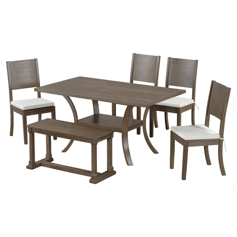 Ensemble de salle à manger moderne 6 pièces avec 4 chaises de salle à manger à coussins amovibles, étagère de rangement et banc