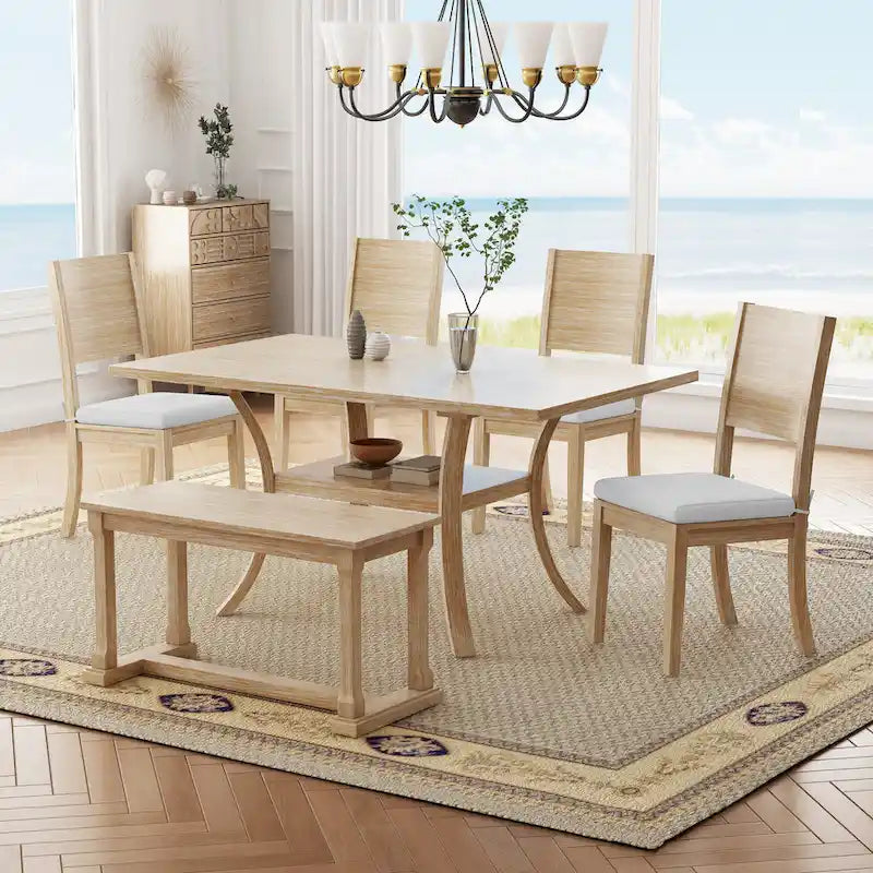 Ensemble de salle à manger moderne 6 pièces avec 4 chaises de salle à manger à coussins amovibles, étagère de rangement et banc