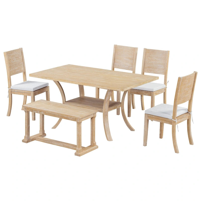Ensemble de salle à manger moderne 6 pièces avec 4 chaises de salle à manger à coussins amovibles, étagère de rangement et banc
