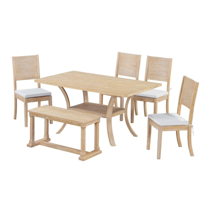 Ensemble de salle à manger moderne 6 pièces avec 4 chaises de salle à manger à coussins amovibles, étagère de rangement et banc