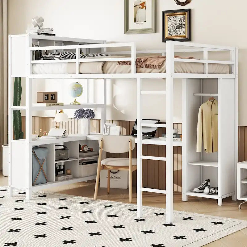Lit mezzanine en métal avec armoire et bureau
