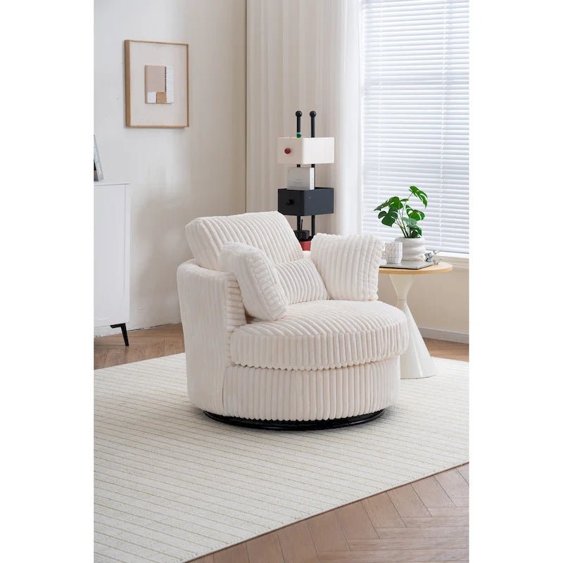 Fauteuil pivotant 360° surdimensionné en velours côtelé doux et moderne pour salon ou chambre avec oreillers