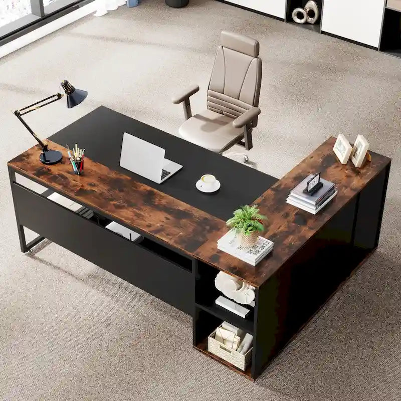 Bureau de direction de 180 cm, bureau en L avec armoire et étagères pour bureau à domicile
