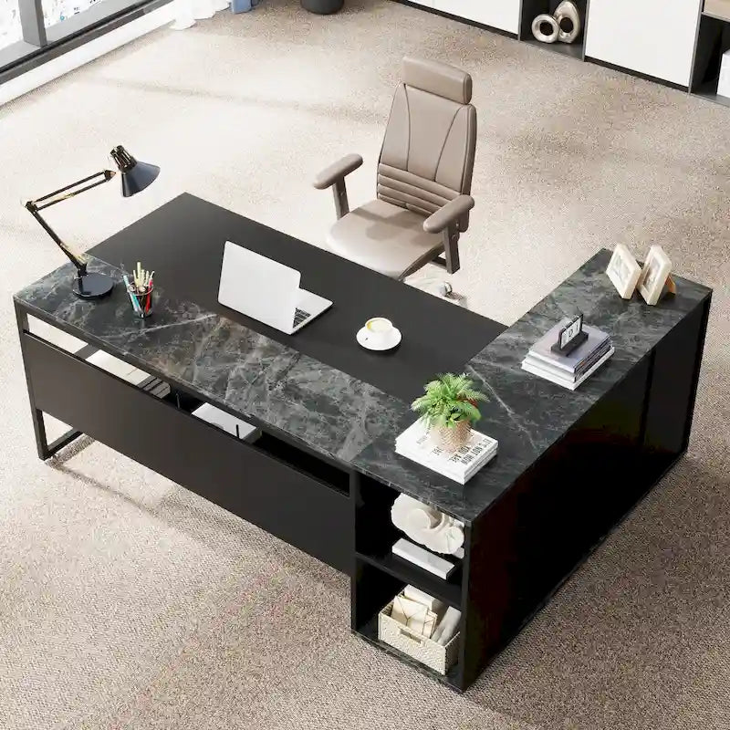 Bureau de direction de 180 cm, bureau en L avec armoire et étagères pour bureau à domicile