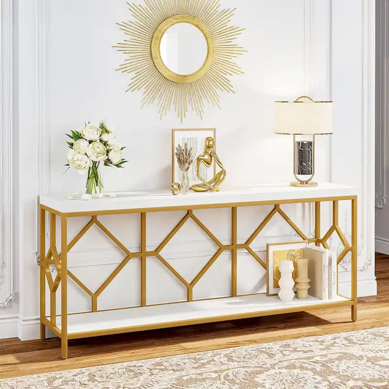Table console extra longue de 71 pouces Table de canapé avec étagère de rangement ouverte, Tables de canapé étroites et longues Table d'entrée derrière le canapé