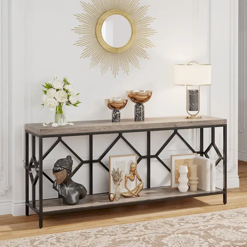 Table console extra longue de 71 pouces Table de canapé avec étagère de rangement ouverte, Tables de canapé étroites et longues Table d'entrée derrière le canapé