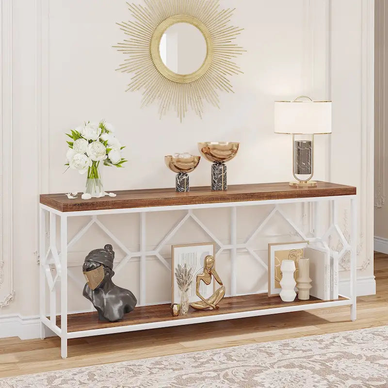 Table console extra longue de 71 pouces Table de canapé avec étagère de rangement ouverte, Tables de canapé étroites et longues Table d'entrée derrière le canapé
