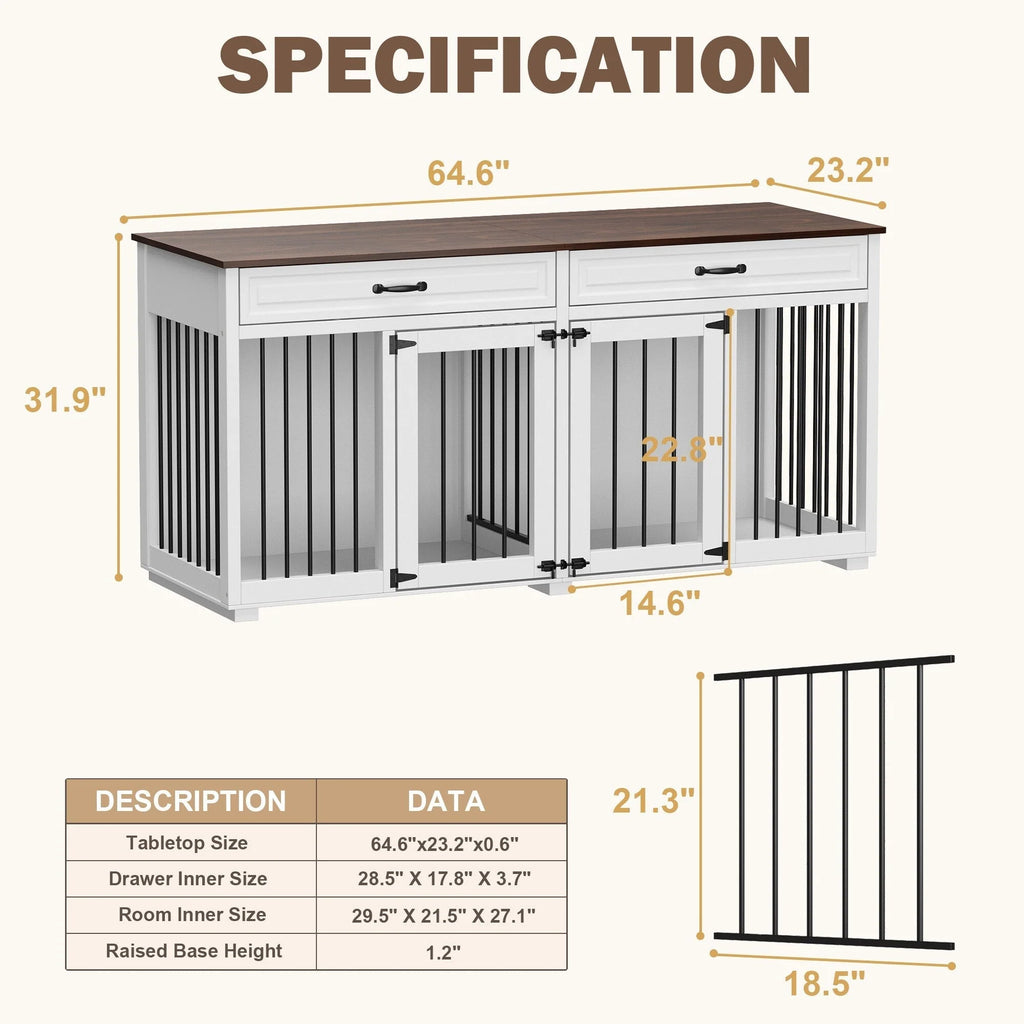 Meuble Niche Double pour Chiens en Bois avec 2 Tiroirs et Séparateur