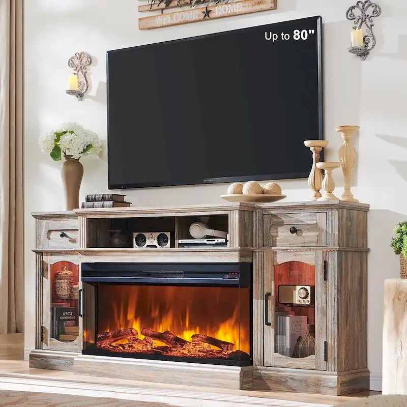 Meubles TV avec cheminée électrique de style rustique jusqu'à 80 pouces, centre de divertissement