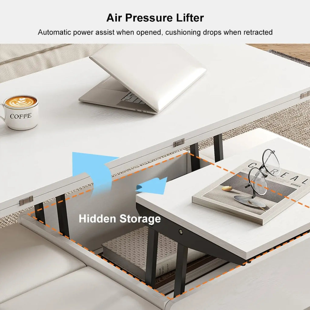 Table basse relevable et pliable avec 4 tabourets et rangement