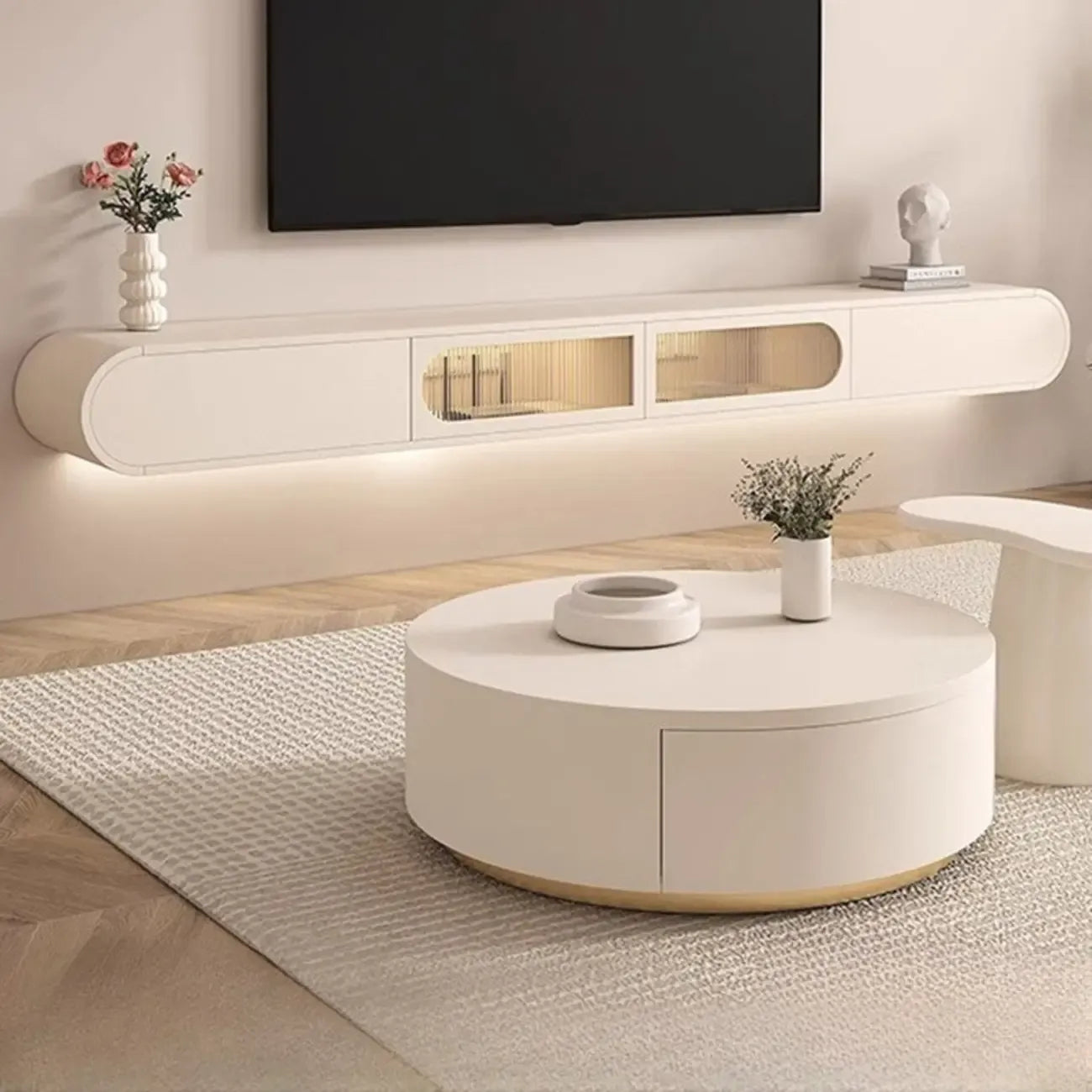 Meuble TV mural flottant en bois blanc avec rangement pour salon