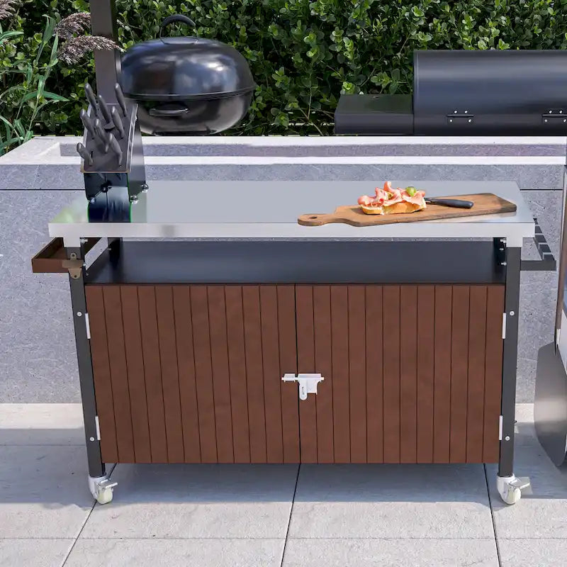 Desserte de barbecue d'extérieur avec plateau en acier inoxydable (tabouret non inclus)