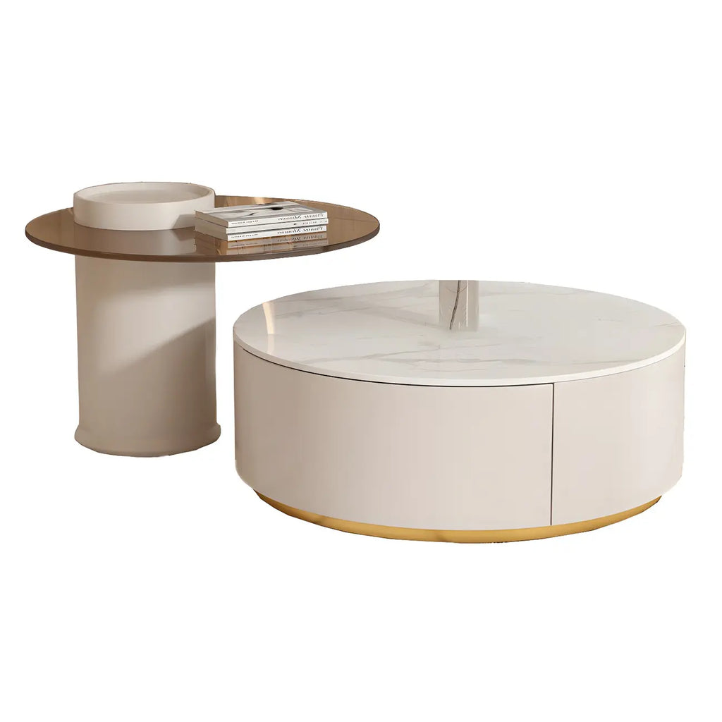 Table basse ronde moderne blanche avec tiroir en bois