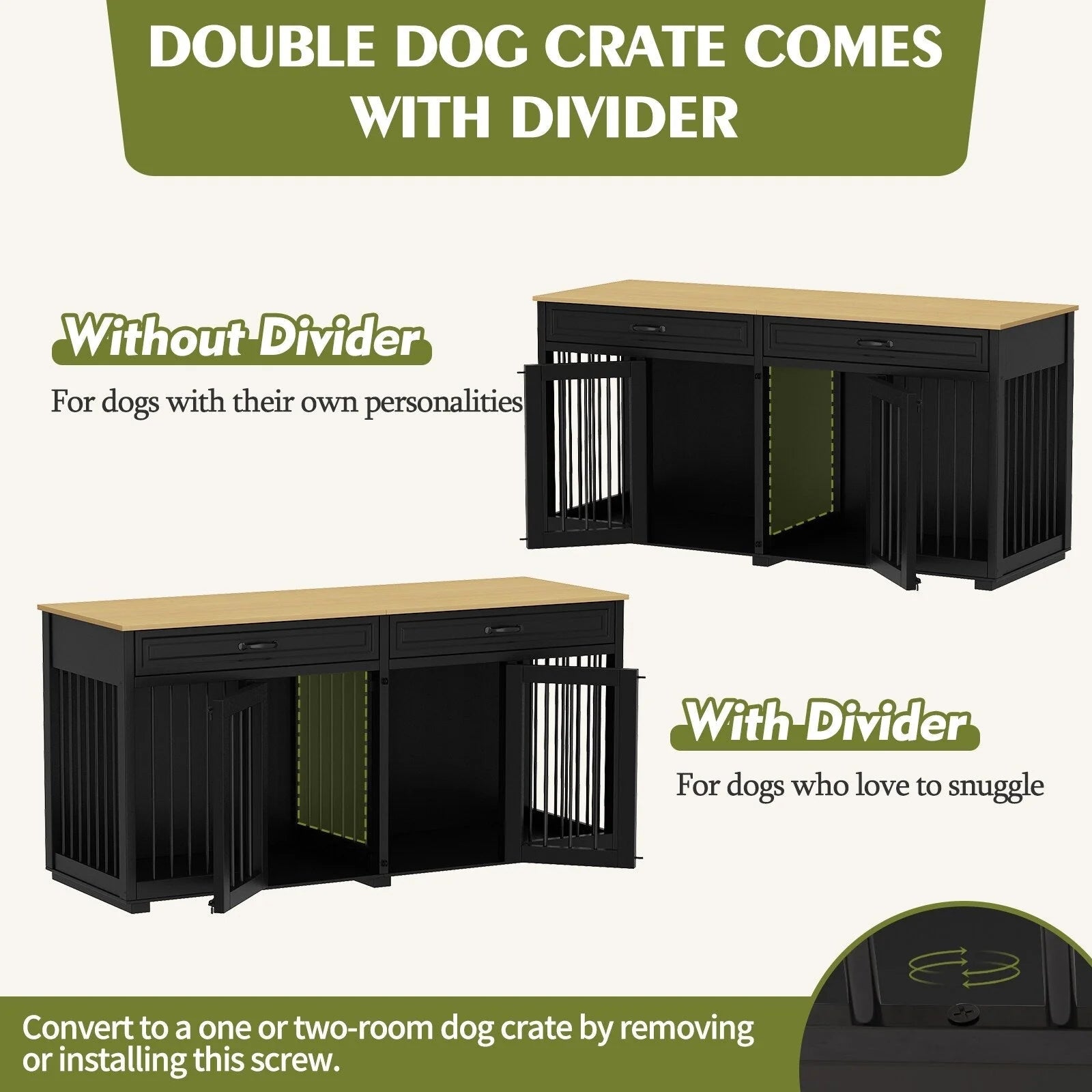 Meuble Niche Double pour Chiens en Bois avec 2 Tiroirs et Séparateur