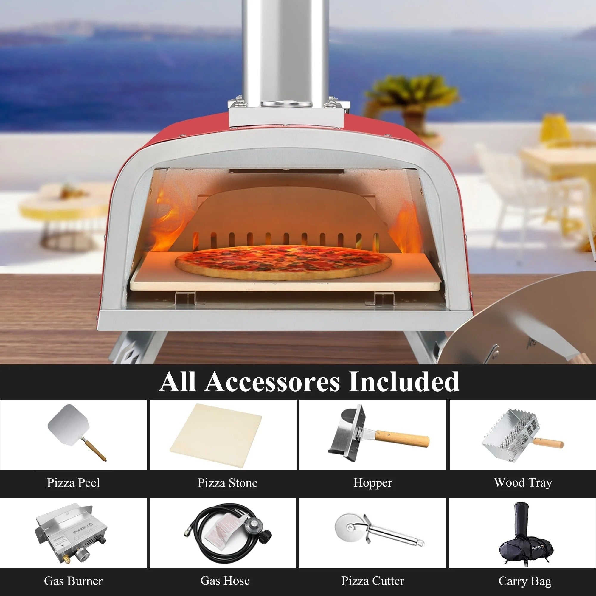 Four à pizza d'extérieur multi-combustibles avec brûleur à gaz et boîte à bois - 30 cm