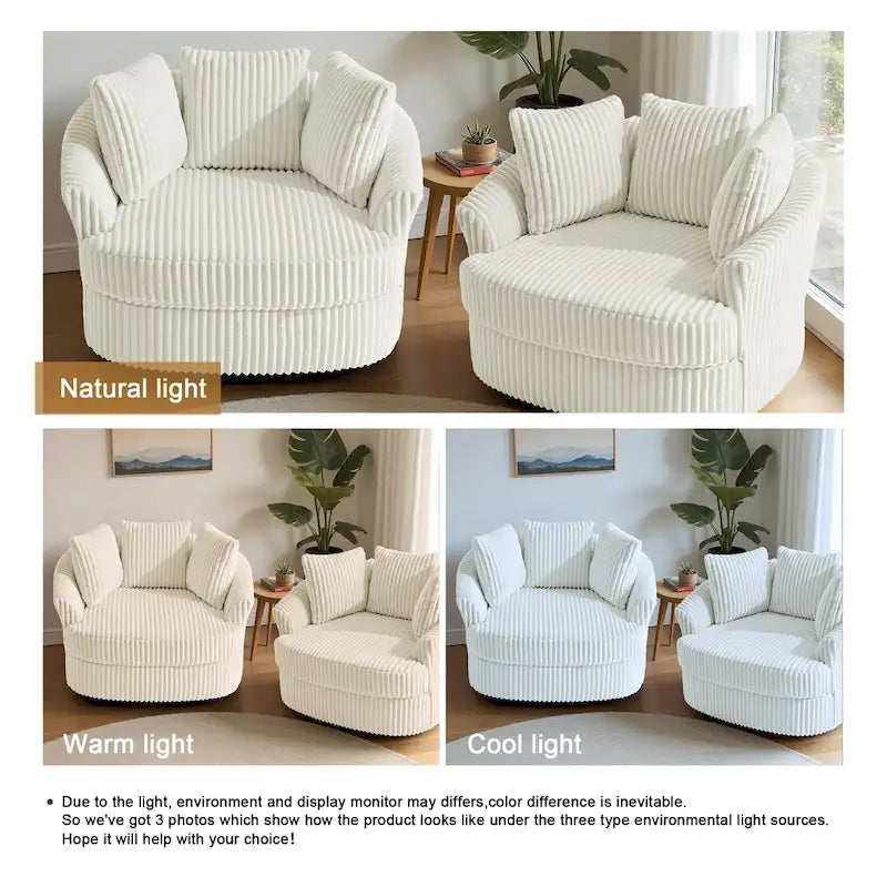 Lot de 2 fauteuils pivotants ronds surdimensionnés en velours côtelé moelleux de 43 po avec oreillers