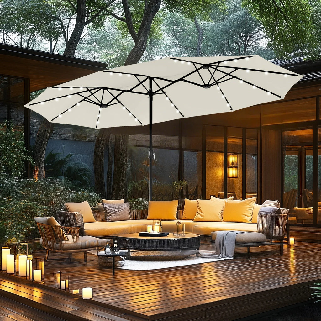 MAISON ARTS Parasol de marché extérieur rectangulaire de 4,5 m avec manivelle, double face, lumières LED solaires et base incluse