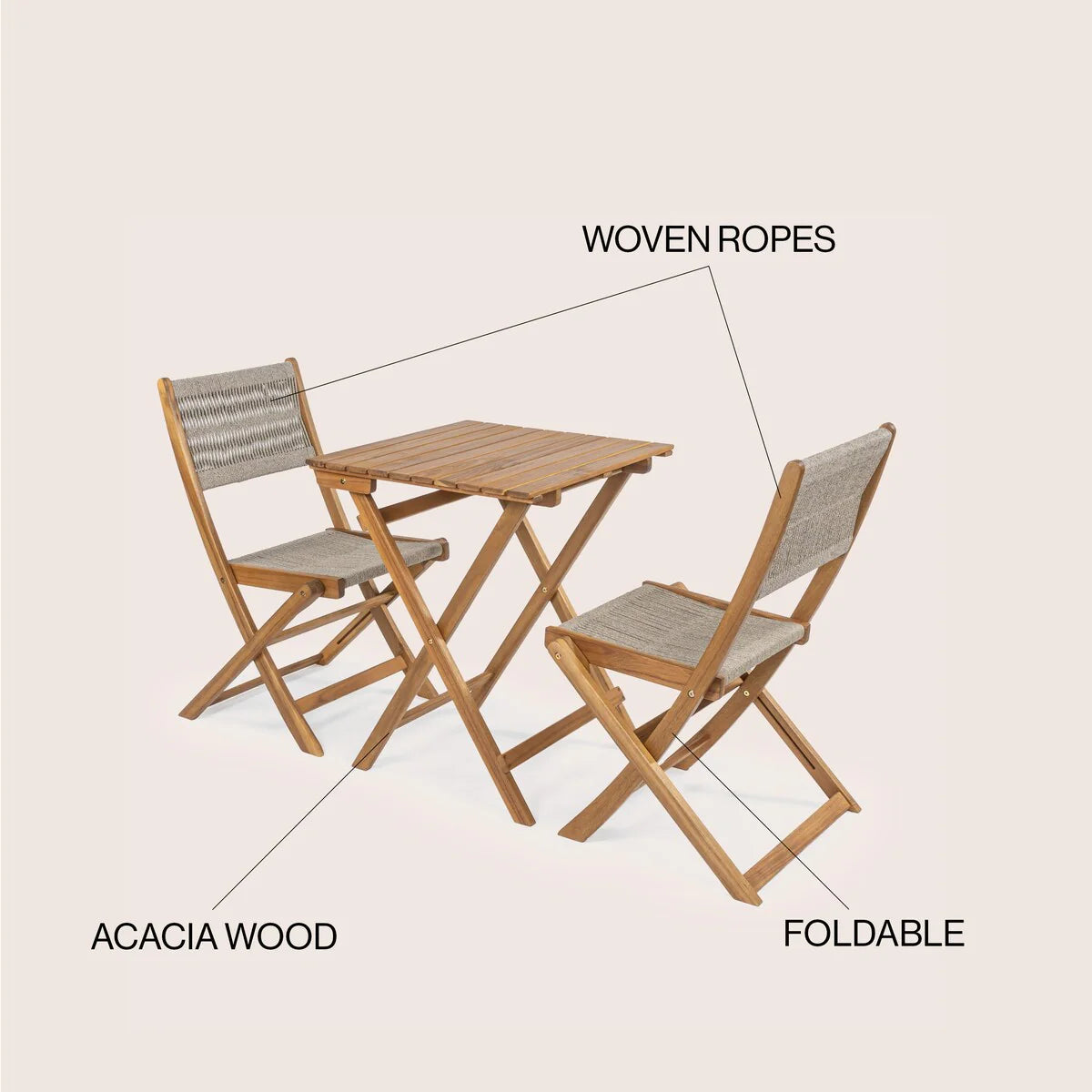 Ensemble de bistro d'extérieur pliant 3 pièces Cadiz Modern Coastal en bois d'acacia, par JONATHAN Y