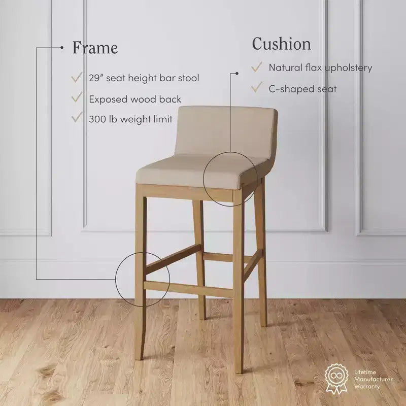 Tabouret de bar à hauteur de comptoir Nathan James en bois rembourré, lin brun clair : cadre en bois d'hévéa, capacité de 136 kg