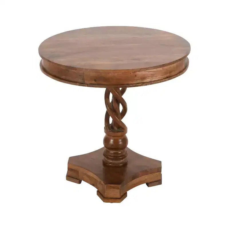 Table à manger ronde Urban Port 30", fabriquée à la main en bois de manguier, piédestal torsadé artisanal, finition noyer brun