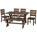 Buylateral 6Pc Mandeville Solid Wood Live Edge Dining Set with Bench Brown: Rubberwood, Ladderback Chairs