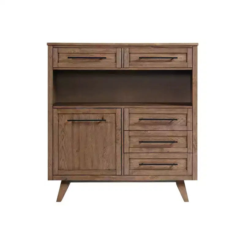 Vaisselier Oslo Châtaignier Patiné - Intercon : Placage chêne, Clous décoratifs bronze, 5 tiroirs, 3 étagères