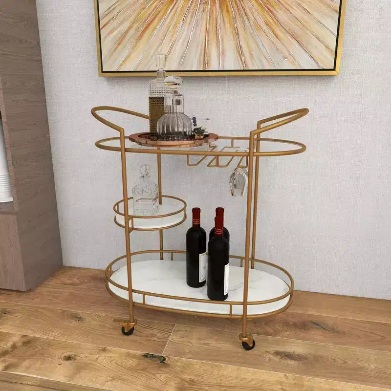Desserte de bar contemporaine en fer doré - Olivia & May : Élégant chariot de rangement roulant à 3 niveaux, utilisation intérieure