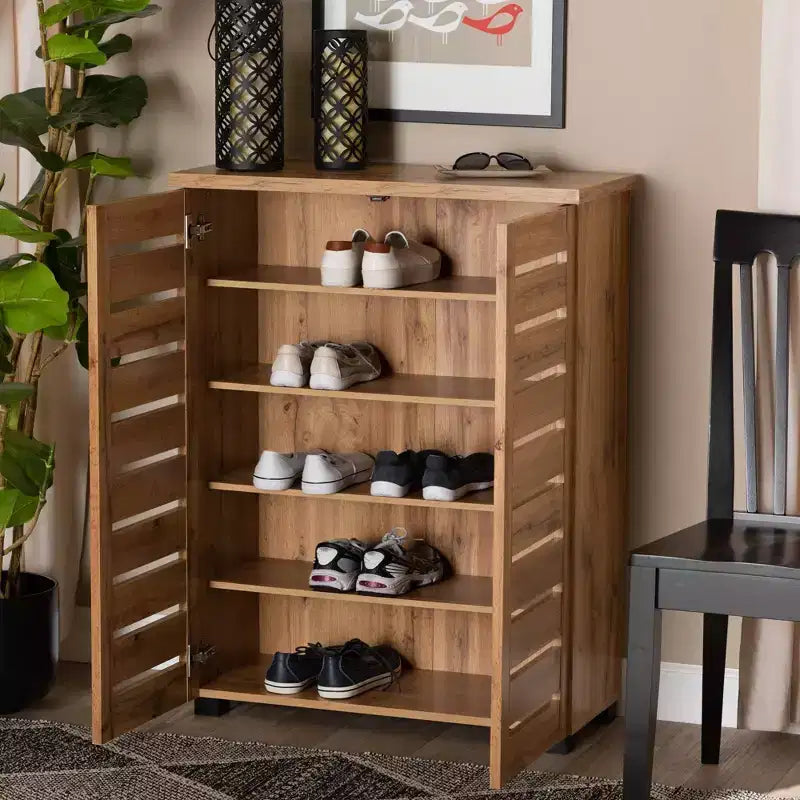 Adalwin Wood Armoire 2 Portes Chêne Brun - Baxton Studio : Organisateur de Chaussures d'Entrée, 5 Étages