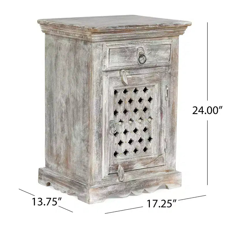 Table de chevet en bois de manguier blanc vieilli Tijeras style bohème, fabriquée à la main – Christopher Knight Home : fabriquée à la main, meuble de rangement, aucun assemblage requis