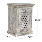 Table de chevet en bois de manguier blanc vieilli Tijeras style bohème, fabriquée à la main – Christopher Knight Home : fabriquée à la main, meuble de rangement, aucun assemblage requis