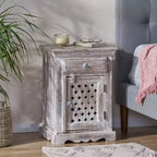 Table de chevet en bois de manguier blanc vieilli Tijeras style bohème, fabriquée à la main – Christopher Knight Home : fabriquée à la main, meuble de rangement, aucun assemblage requis