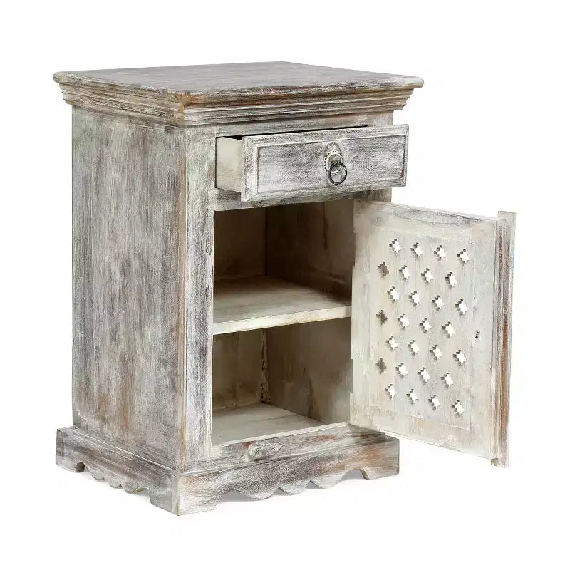 Table de chevet en bois de manguier blanc vieilli Tijeras style bohème, fabriquée à la main – Christopher Knight Home : fabriquée à la main, meuble de rangement, aucun assemblage requis