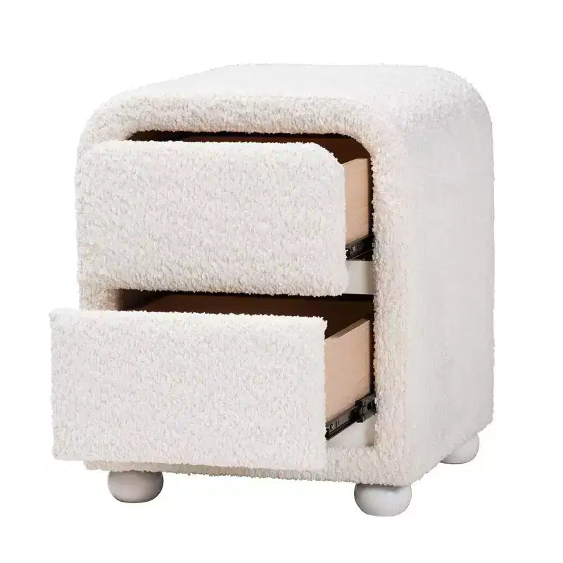 Baxton Studio Bonilla Table de chevet à 2 tiroirs en tissu "Teddy Bear" et bois d'hévéa blanc : Moderne, glissières métalliques, finition lisse
