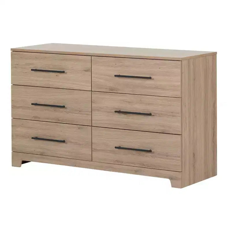 Commode double moderne South Shore Tao 6 tiroirs, Noyer naturel, avec poignées asymétriques