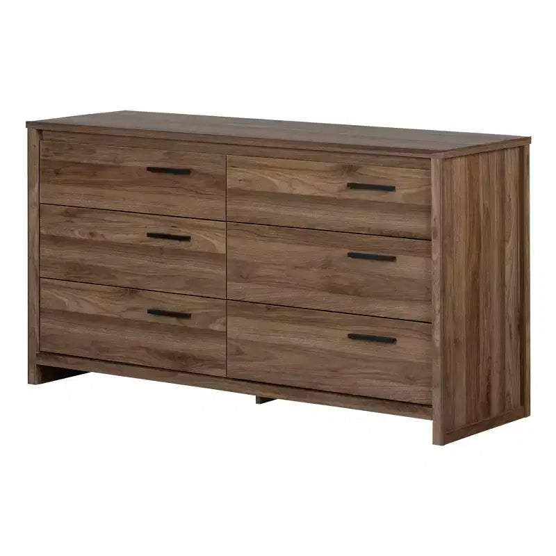 Commode double moderne South Shore Tao 6 tiroirs, Noyer naturel, avec poignées asymétriques