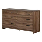 Commode double moderne South Shore Tao 6 tiroirs, Noyer naturel, avec poignées asymétriques