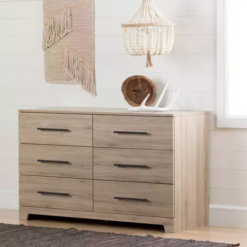 Commode double moderne South Shore Tao 6 tiroirs, Noyer naturel, avec poignées asymétriques