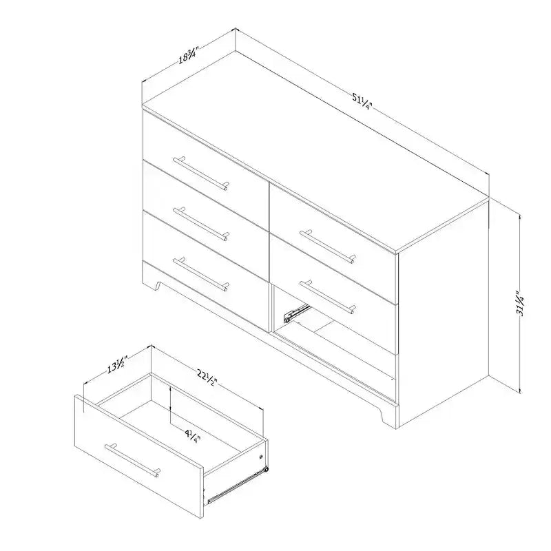 Commode double moderne South Shore Tao 6 tiroirs, Noyer naturel, avec poignées asymétriques