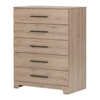 Commode 5 tiroirs Primo South Shore chêne rustique : Rangement vertical, cadre en panneaux de particules, dispositif anti-basculement